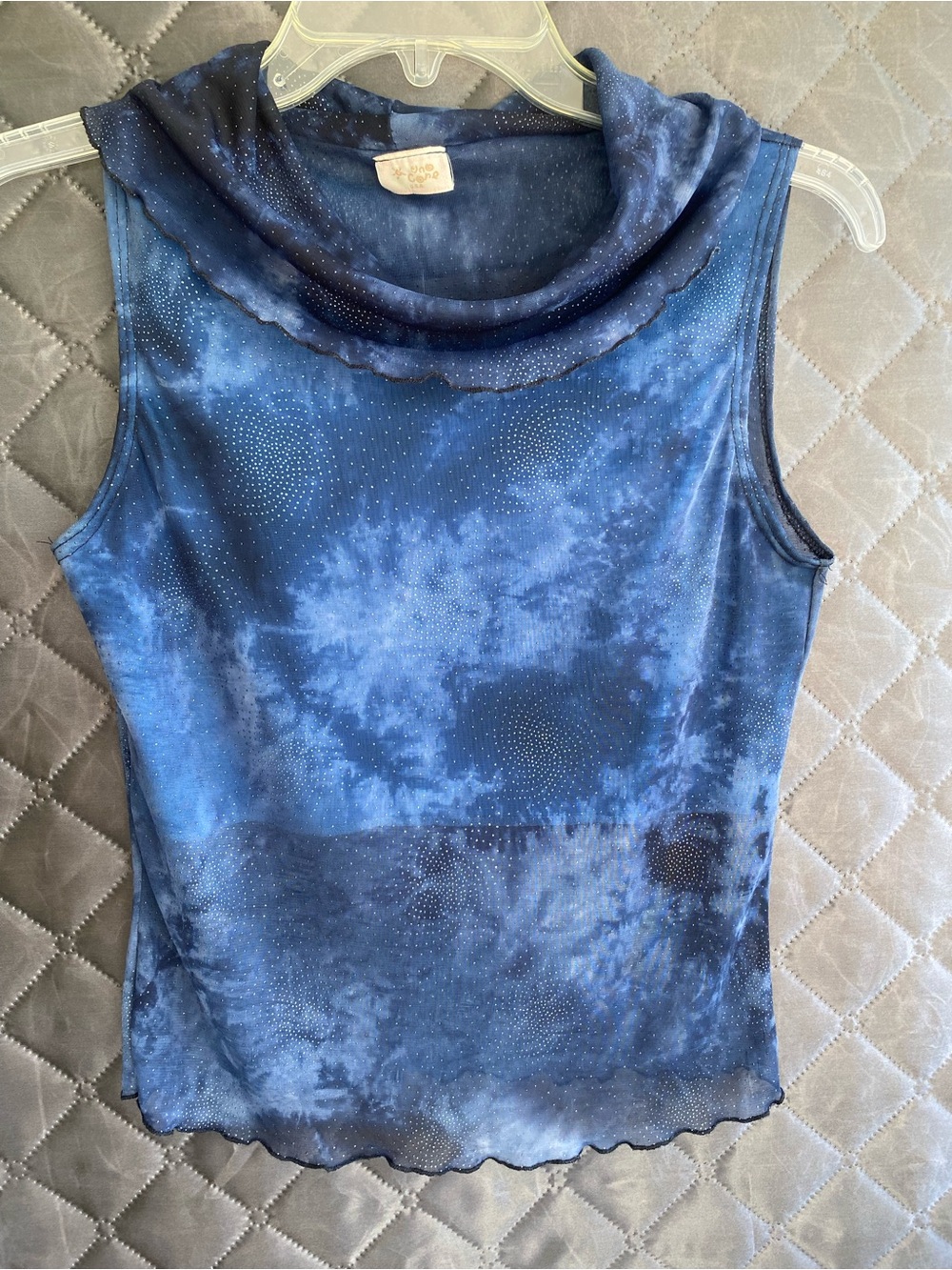 Vintage 90s sheer Blue Tie-Dye Cowl Neck Tank Top
